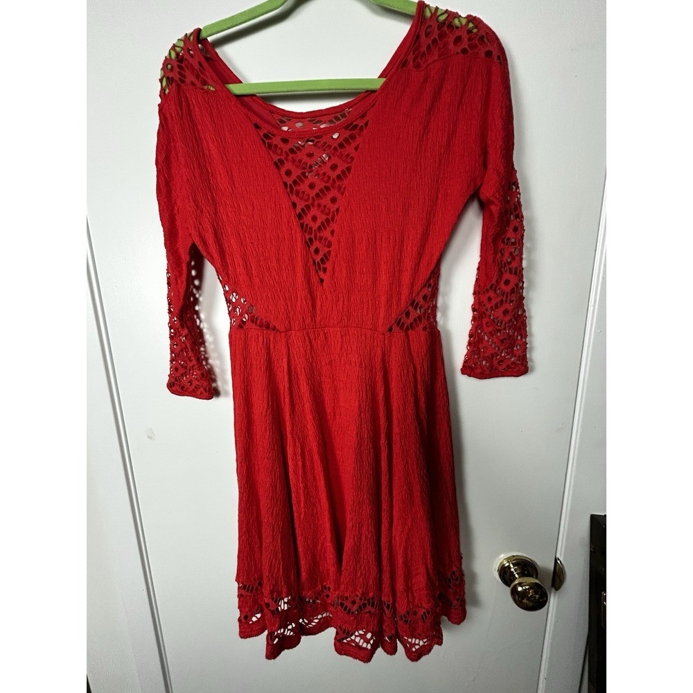 FREE PEOPLE Dress Red Crochet Cut-Outs ¾ Sleeve Lined Women's